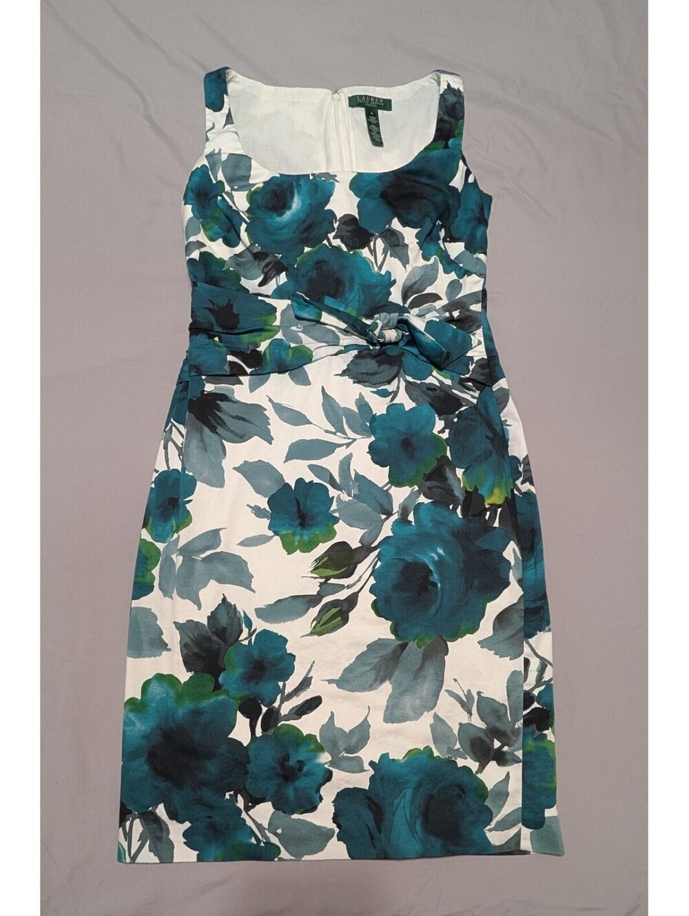 Lauren Ralph Lauren Floral Sheath Dress Size 4 Teal Blue Cotton Blend Bow Waist